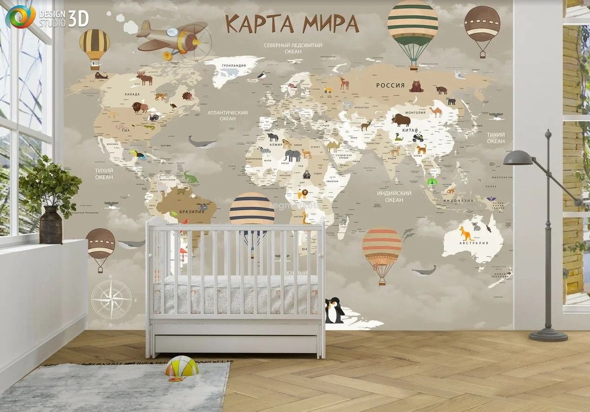 Детская комната с картой мира на стене интерьер