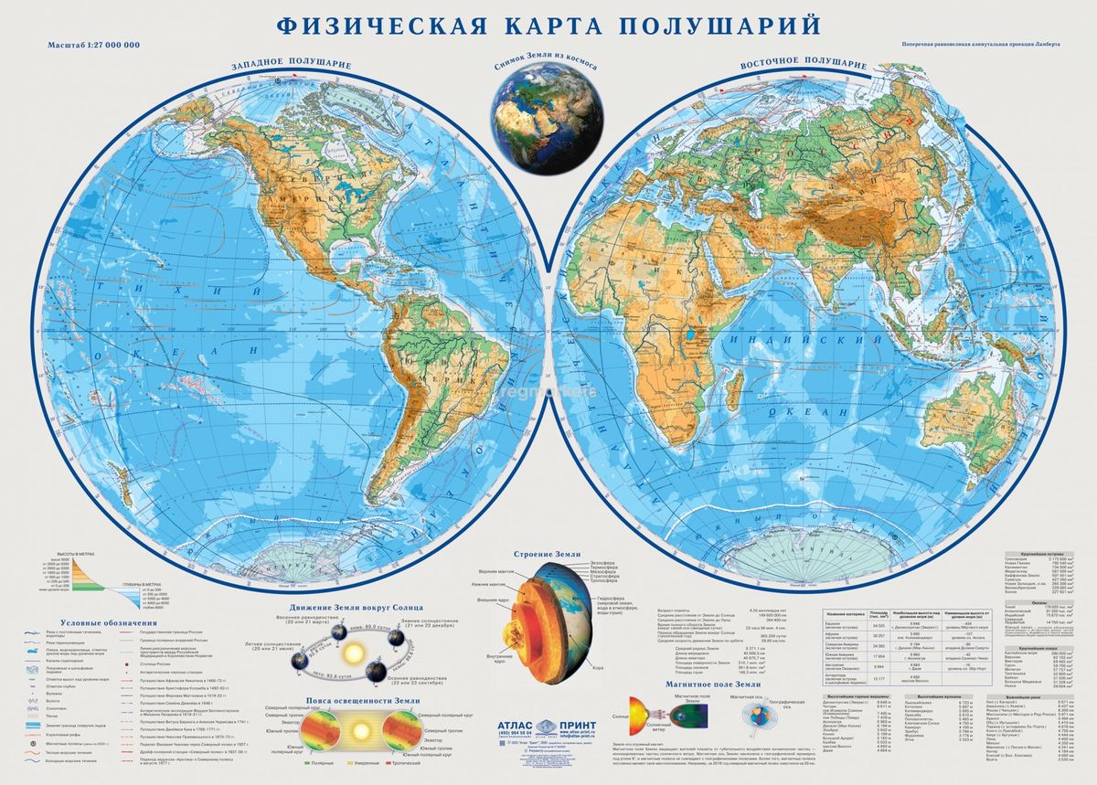 атлас-принт Настенная физическая карта полушарий /размер 143х102